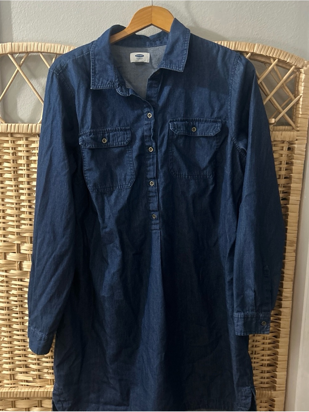 Old Navy Ladies 100 % Cotton Long Sleeve Denim Tunic Dress Shirt Size Lg